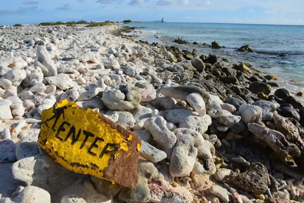Yellow painted rock marking a shore dive entry point on Bonaire's coast