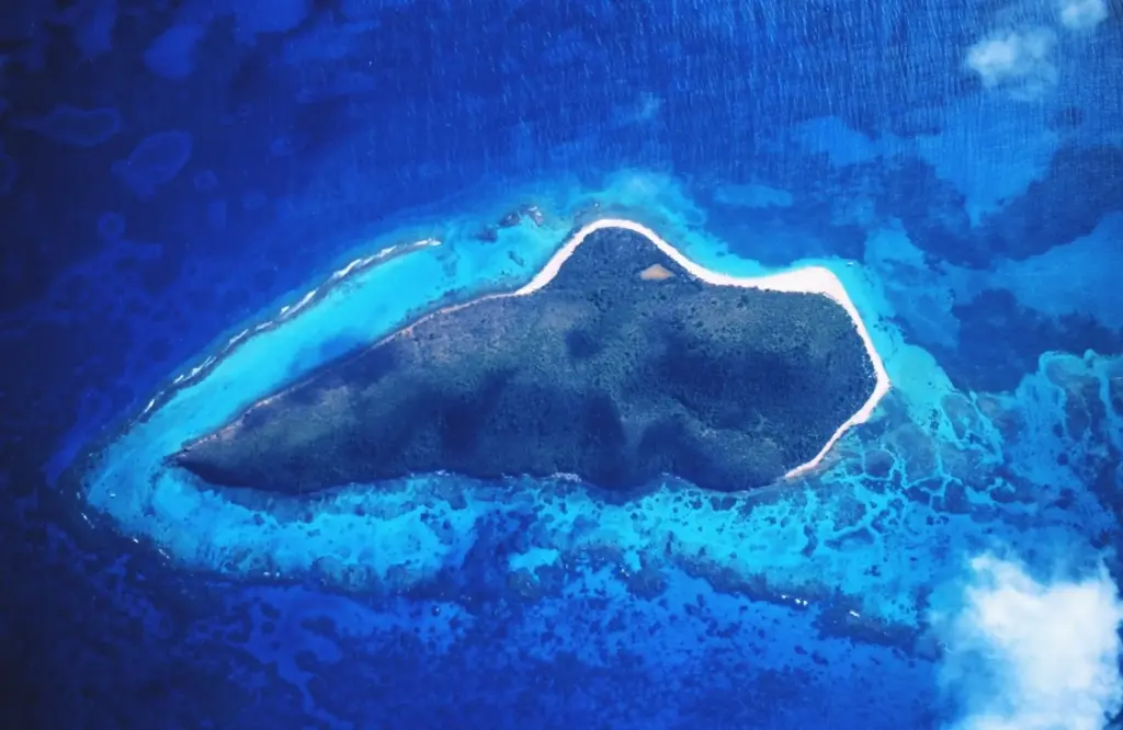 Aerial view of Buck Island ringed by turquoise shallows and coral reef off St Croix, US Virgin Islands