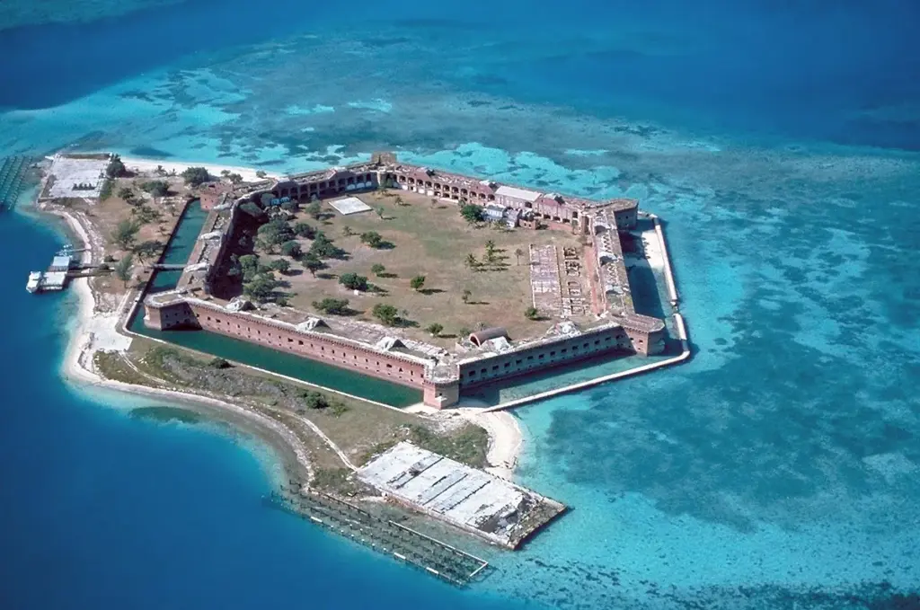 Aerial view of Fort Jefferson on Garden Key, surrounded by shallow reef in Dry Tortugas National Park