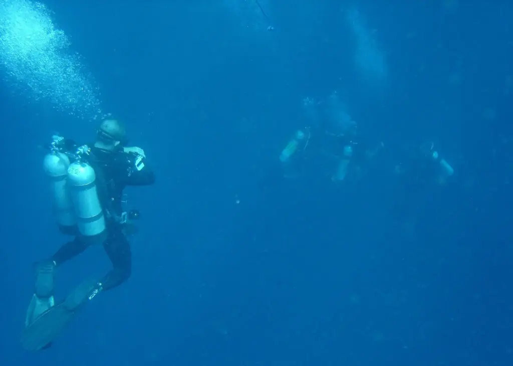 Technical diver with twin cylinders holding a stop in blue water with other divers in the distance