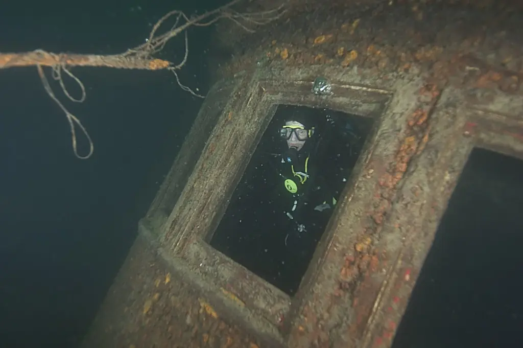 Scuba diver looking out through a window opening inside the wreck of the Chester A. Congdon in Lake Superior