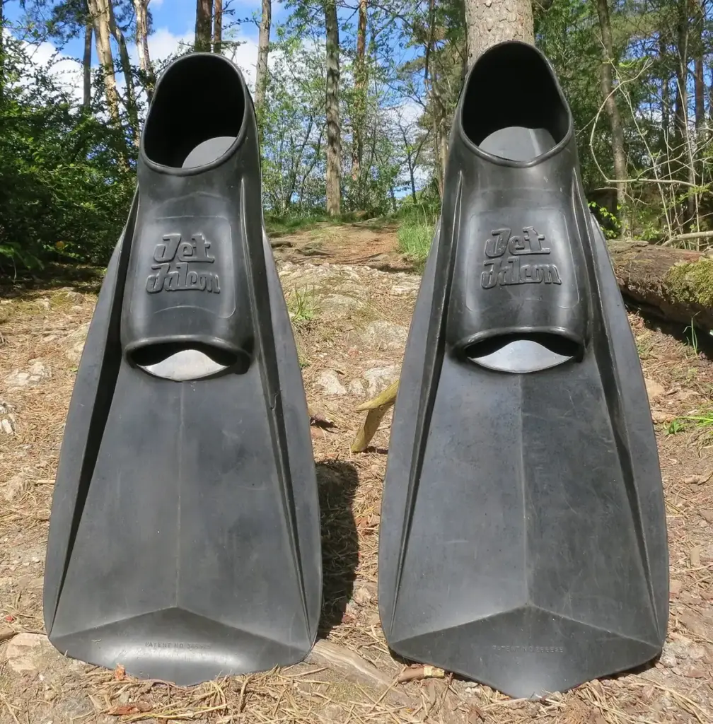 Pair of black full-foot diving fins standing upright on the ground