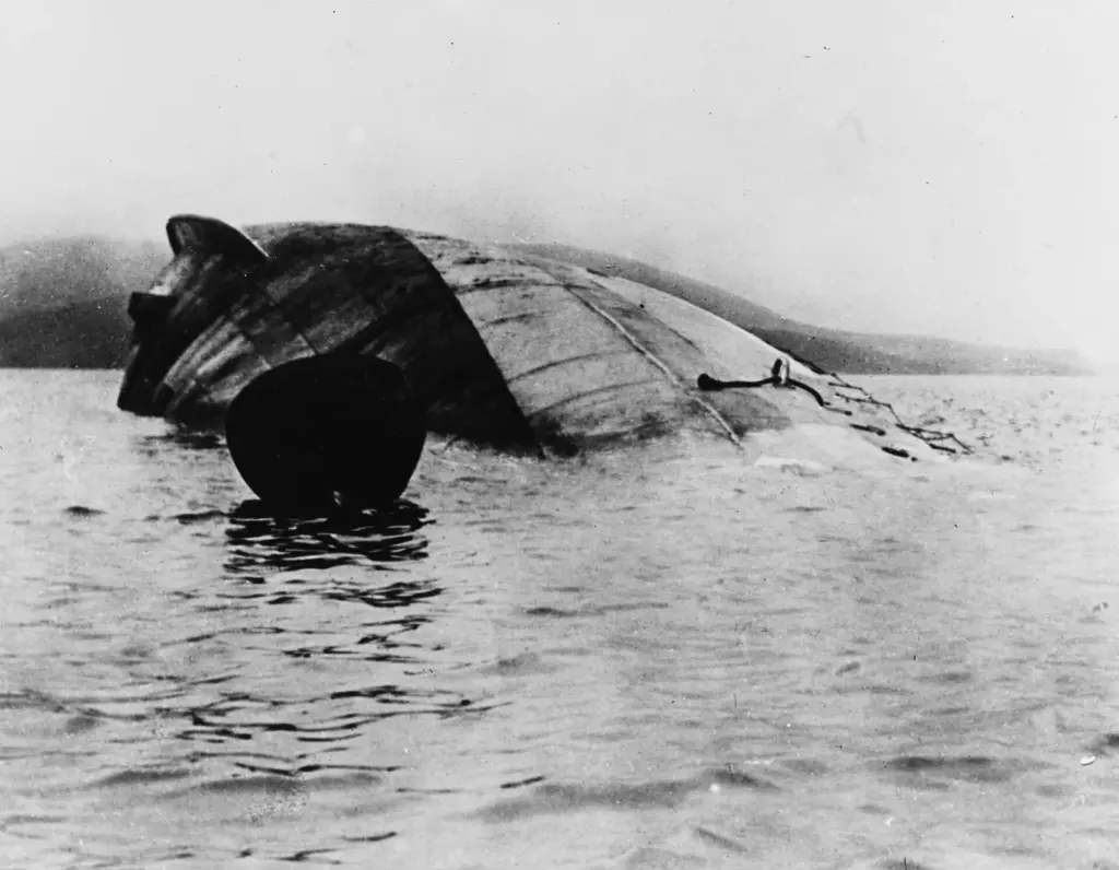 The German battlecruiser Seydlitz lying capsized in the water at Scapa Flow after the 1919 scuttling