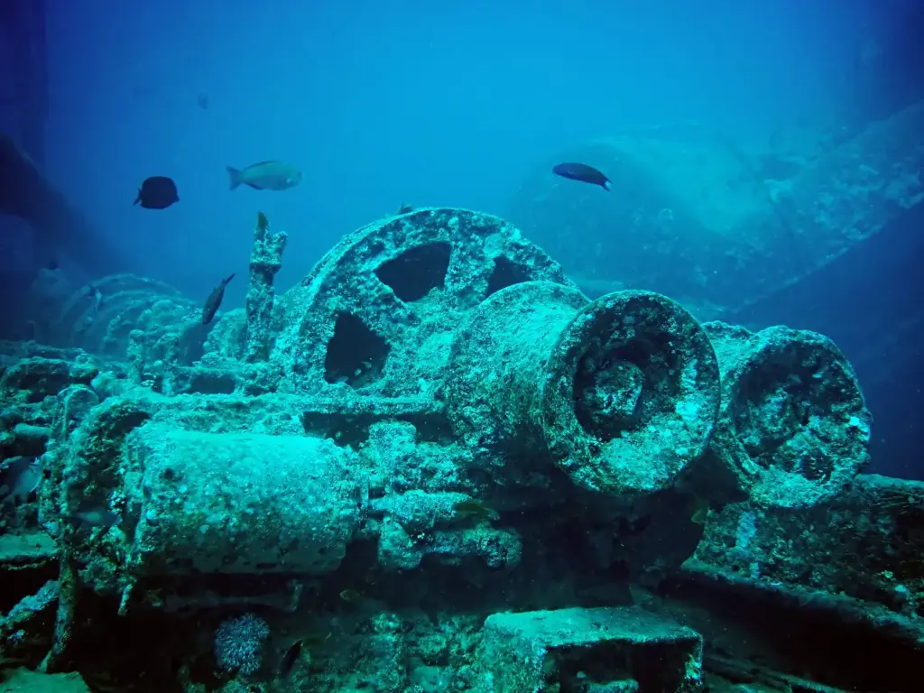 Railway wheels and machinery from the cargo of the SS Thistlegorm wreck in the Red Sea
